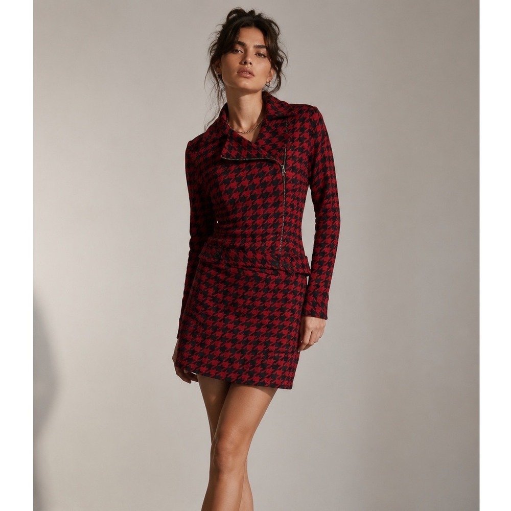 Vtg Tommy Hilfiger Red Navy Houndstooth Moto Jacket Skirt Set Sz 4 Preppy Y2K